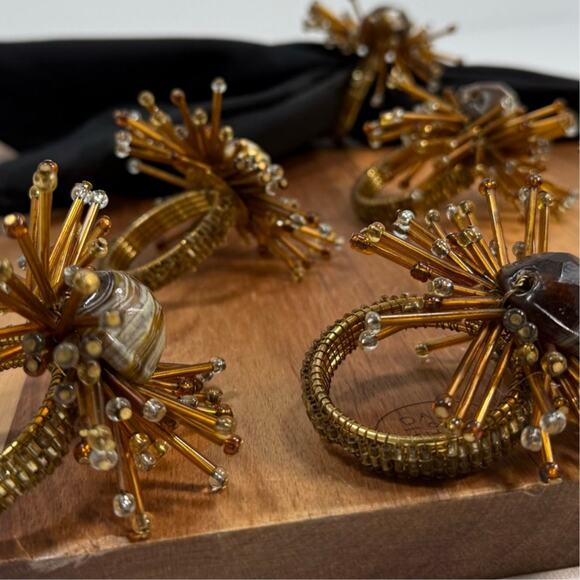 Vintage Atomic Starburst Beaded Napkin Rings Set of 6 Mid Century Gold - Picture 6 of 7
